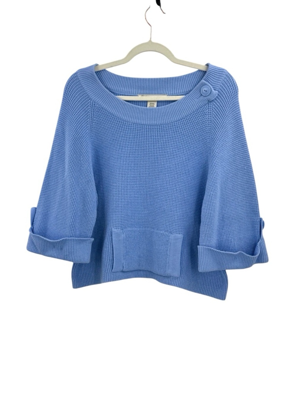 Soft Blue Textured Knit Sweater Boxy Cropped Boat Neck Minimalist Cozy Chic M